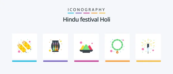 Holi Flat Icon Pack Including Fireworks Pearl Party Necklace Powder — Stok Vektör