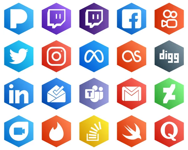 Fresh White Icons Inbox Linkedin Instagram Digg Facebook Icons Hexagon — Stockvektor