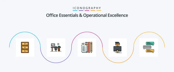 Office Essentials Operational Exellence Line Filled Flat Icon Pack Including — Stock Vector