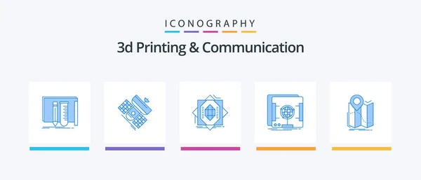 Printing Communication Blue Icon Pack Including Holographic Satellite Forming Fabrication — Stock Vector