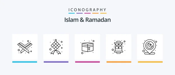 イスラムとラマダーンライン5アイコンパック場所を含む ラマダーン イスラム教徒だ ムーン お祝いだ クリエイティブアイコンデザイン — ストックベクタ