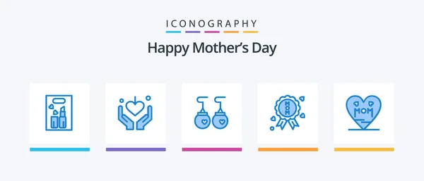 Happy Mothers Day Blue Icon Pack Including Mom Heart Earrings — Stockvector