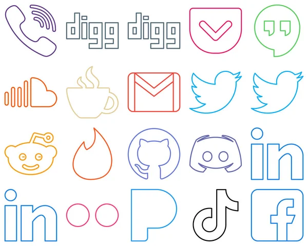 Fully Editable Colourful Outline Social Media Icons Reddit Twitter Music — Stock Vector