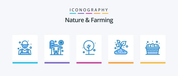 Nature Farming Blue Icon Pack Including Egg Small Farming Plant — Stock Vector