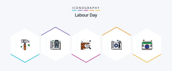 Labour Day Filledline Icon Pack Including Calendar Paper Wall Construction — Vector de stock