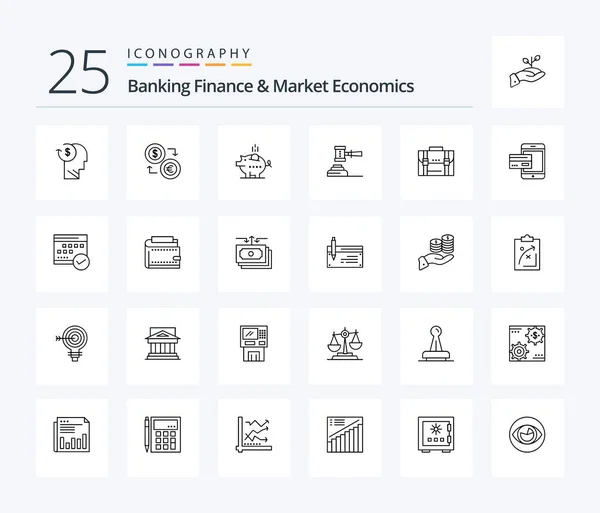 銀行金融と市場経済安全を含む25行のアイコンパック 経済だ 通貨だ ピギーバンク — ストックベクタ