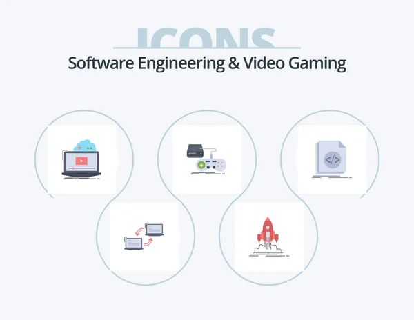 ソフトウェア工学とビデオゲームフラットアイコンパック5アイコンデザイン ゲームだ コンソールだ スタートアップだ ビデオだ オンラインで — ストックベクタ