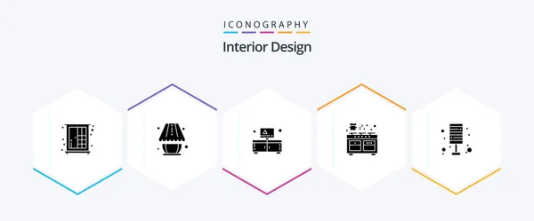 Interior Design Glyph Icon Pack Including Light Pan Cabinet Oven — Stock vektor