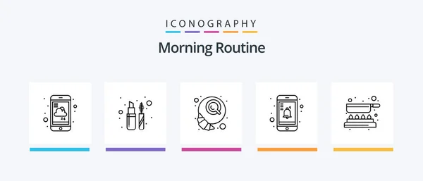 Morning Routine Line Icon Pack Including Strawberry Starbucks Alarm Cup — Stockový vektor