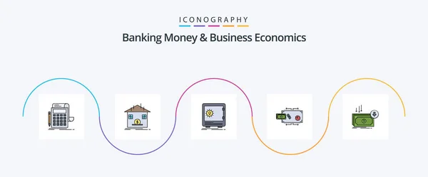 Banking Money Business Economics Line Filled Flat Icon Pack Including — Stock Vector