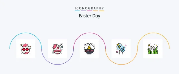 Easter Line Filled Flat Icon Pack Including Egg Event Paint — Stok Vektör
