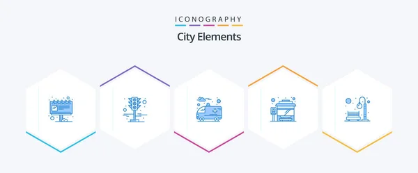 City Elements Blue Icon Pack Including Park Bench Ambulance Stop — Wektor stockowy