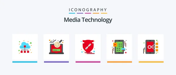Media Technology Flat Icon Pack Including Play Menu Login Grid — Vettoriale Stock