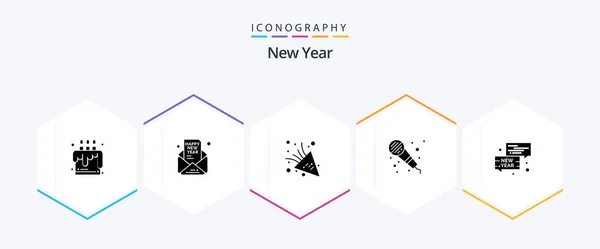 New Year Glyph Icon Pack Including Conversation Bubble Party Microphone — Stockvektor
