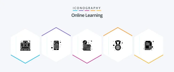 Online Learning Glyph Icon Pack Including Doc World Study Abroad — Stockový vektor