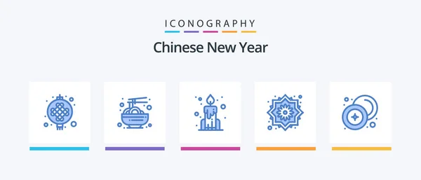 Chinese New Year Blue Icon Pack Including Coin Cash Candle — Stock Vector