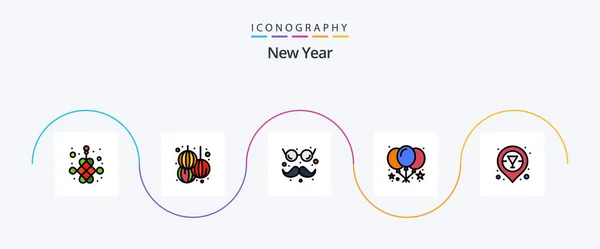 New Year Line Filled Flat Icon Pack Including Vodka Champagne — Stok Vektör