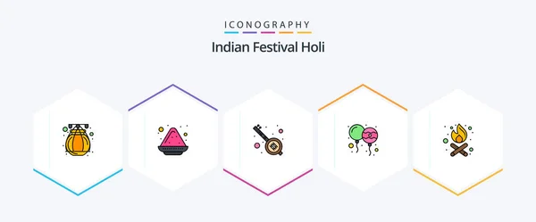 Holi Filledline Icon Pack Including Party Time Bonfire Music India — Wektor stockowy