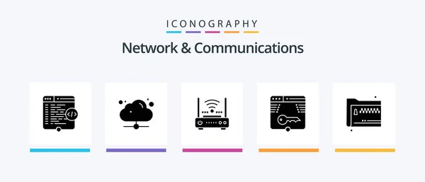 Network Communications Glyph Icon Pack Including Form Key Online Secure — Stock Vector