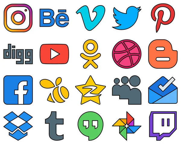 Simple Line Filled Social Media Icons Blog Pinterest Blogger Odnoklassniki — Stockvektor