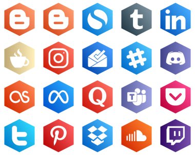 25 Simple White Icons such as message. discord and inbox icons. Hexagon Flat Color Backgrounds