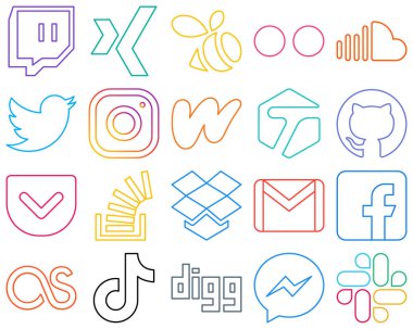 20 Clean and modern Colourful Outline Social Media Icons such as pocket. tagged. twitter and literature Fully customizable and high-quality