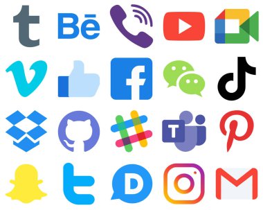 20 Flat Social Media Icons for a Sleek and Clean Look wechat. fb. video. facebook and like icons. Elegant Gradient Icon Set