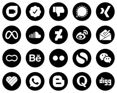 20 Creative White Social Media Icons on Black Background such as sina. meta. weibo and music icons. Fully editable and versatile