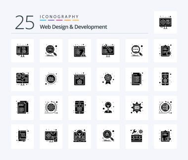 Web Design And Development 25 Solid Glyph icon pack including engine. alert. web development. software