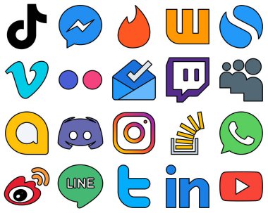 20 Elegant Line Filled Social Media Icons such as myspace. inbox. tinder. yahoo and video Fully editable and customizable