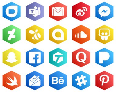 25 Clean White Icons such as sound. google allo. china. swarm and fb icons. Hexagon Flat Color Backgrounds