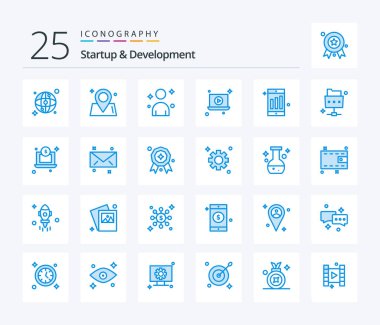Startup And Develepment 25 Blue Color icon pack including file. chart. man. cell. video