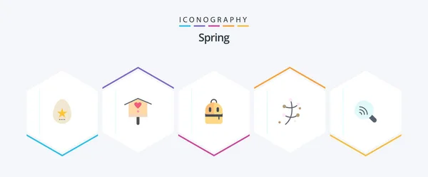 Spring Flat Icon Pack Including Research Spring Bag Plant Growth — Vetor de Stock
