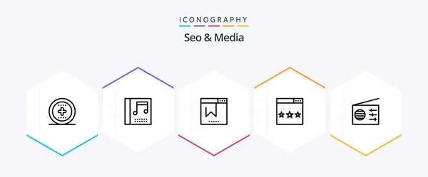 Seo Media Line Icon Pack Including Radio Search Browser Ranking — Stockvector