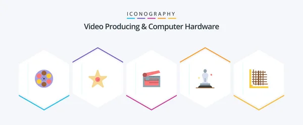 Video Producing Computer Hardware Flat Icon Pack Including Statue Award — Stock Vector