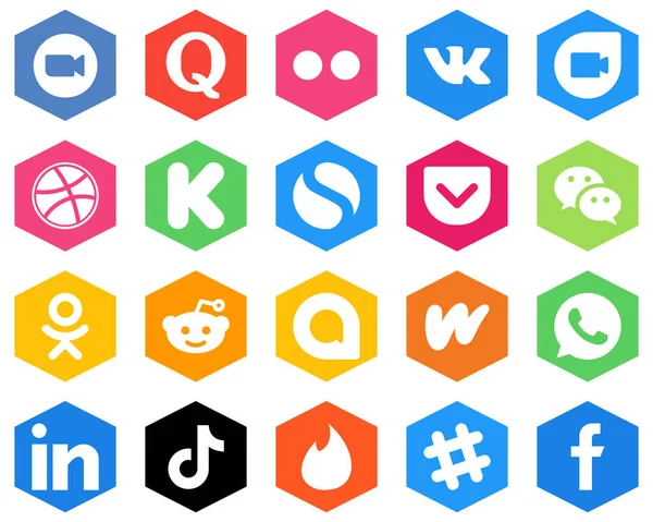 Stylish White Icons Odnoklassniki Wechat Pocket Funding Hexagon Flat Color — Wektor stockowy
