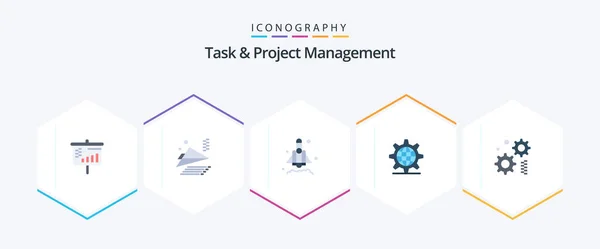 Task Project Management Flat Icon Pack Including Gear Startup Engineering — Stok Vektör