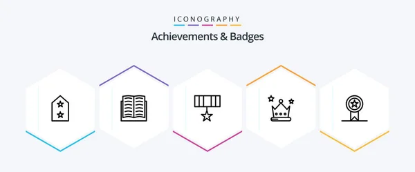 Achievements Badges Line Icon Pack Including Insignia Wreath Army Crown — Vetor de Stock