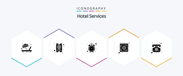 Hotel Services Glyph Icon Pack Including Telephone Clock Phone Security — Image vectorielle