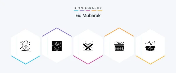 Eid Mubarak Glyph Icon Pack Including Happy Drum Moon Celebration — Διανυσματικό Αρχείο