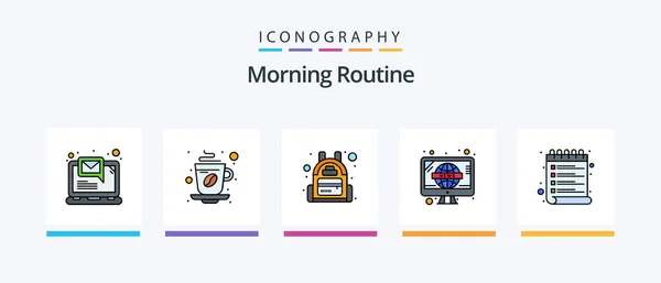Morning Routine Line Filled Icon Pack Including Teeth Television Cleaning — Wektor stockowy