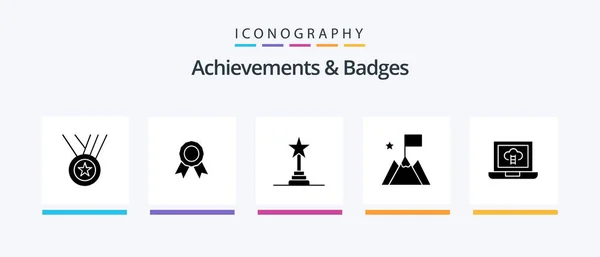 Achievements Badges Glyph Icon Pack Including Laptop Trophy Achievement Award — Stock vektor