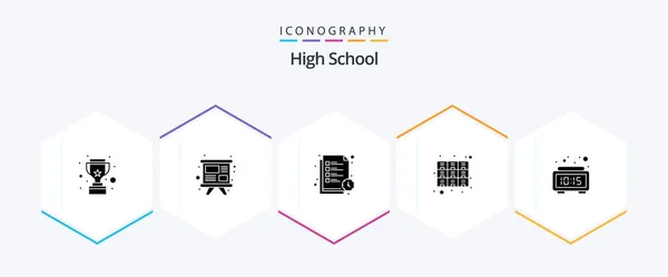 High School Glyph Icon Pack Including Alarm Files Reading Time — Stock vektor