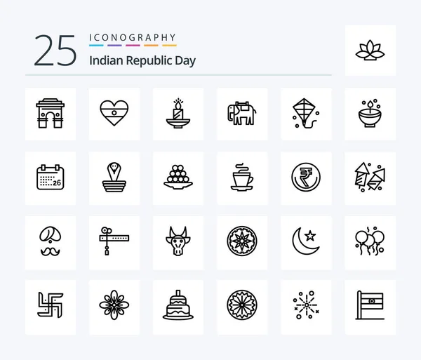 День Индийской Республики Линия Иконы Пакет Включая Воск Лампа Flg — стоковый вектор