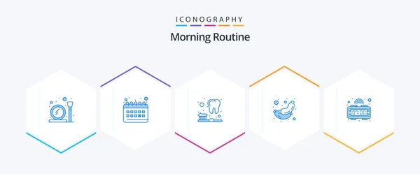 Morning Routine Blue Icon Pack Including Time Alarm Brush Breakfast — Stock Vector
