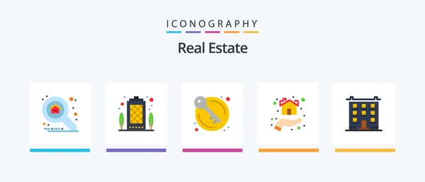 Real Estate Flat Icon Pack Including Big House Door Home — Διανυσματικό Αρχείο