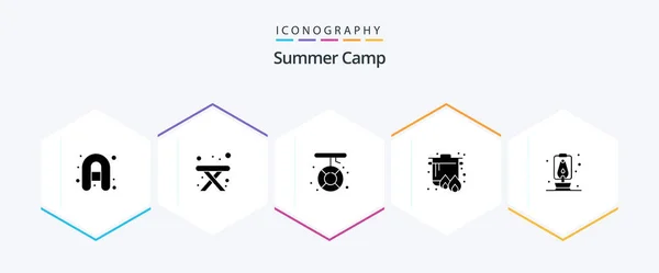 Summer Camp Glyph Icon Pack Including Travel Lantern Help Cooking — Stock Vector