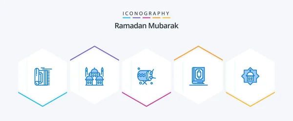 Ramadan Blue Icon Pack Including Ramadhan Book Moon Quran Instrument — Stockvector