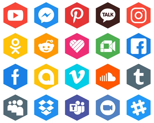 Hexagon Flat Color White Icon Set Meta Video Likee Stylish — Wektor stockowy