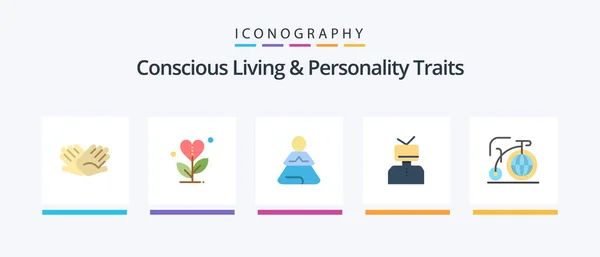 Concious Living Personality Traits Flat Icon Pack Including Happy Affirmations — Διανυσματικό Αρχείο